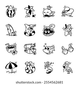 Collection of 16 Beach Doodle Icons 

