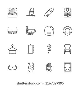 Collection of 16 beach outline icons include icons such as pool, towel, chair, kite, palm, sunglasses, lifesaver, snorkel, surf, swimming, swimming suit, windsurf
