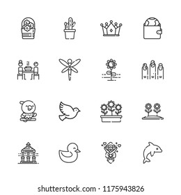 Collection of 16 beautiful outline icons include icons such as pigeon, flowers, purse, duck, dolphin, crown, nails, flower, dragonfly, parrot, veranda, korean, cactus