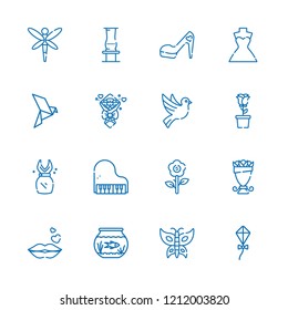 Collection of 16 beautiful outline icons include icons such as aquarium, kite, bird, piano, bouquet, dragonfly, dove, rose, dress, wedding dress, butterfly, vase, high heels