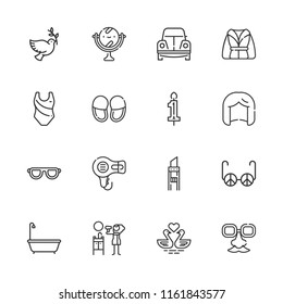 Collection of 16 beauty outline icons include icons such as hair dryer, bath, bathrobe, mirror, slippers, dove, candle, sunglasses, swimming suit, beetle, swans, wig, cutter