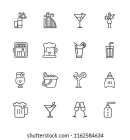 Collection of 16 beer outline icons include icons such as ice bucket, cocktail, minibar, barista, beer, bottle, soda, stemware, bottles, soft drink, margarita