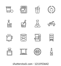 Collection of 16 beverage outline icons include icons such as minibar, champagne, soft drink, healthy food, milk, coffee cup, potion, water dispenser, bottle cap, whiskey