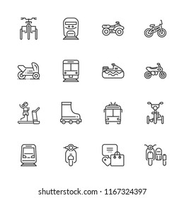 Collection of 16 bike outline icons include icons such as gym, bicycle, activity, jet ski, motorbike, motorcycle, quad, roller skate, sidecar, train, tricycle