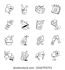 Collection of 16 Birthday Doodle Icons 

