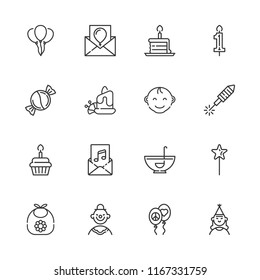 Collection of 16 birthday outline icons include icons such as aromatic candle, balloons, birthday cake piece, candle, candy, clown, cupcake, fireworks, invitation, magic wand