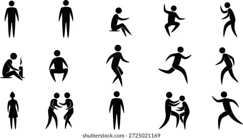Uma coleção de 16 silhuetas humanas pretas apresentando diferentes poses e ações sobre um fundo branco