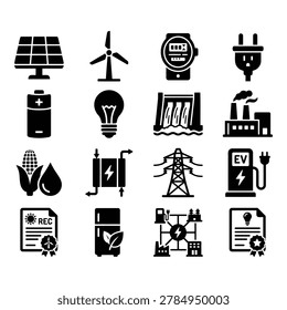 A collection of 16 black icons on a white background, representing various renewable energy concepts, including solar panels, wind turbines, batteries, and eco-friendly technology.