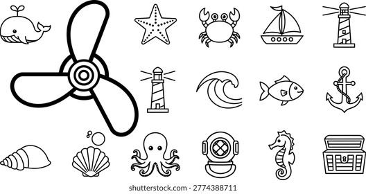 A collection of 16 black line on a white background, featuring nautical and ocean-themed including a large propeller, ocean creatures, and various sea-related