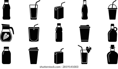 A collection of 16 black silhouettes on a white background, featuring various beverage containers and glasses, including bottles, jugs, cartons, and cups with and without straws.