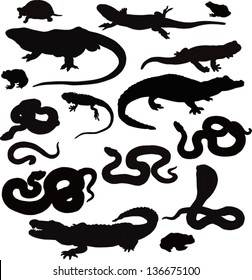 Collection From 16 Black Vector Icons Of Reptiles On A White Background