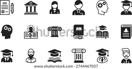 A collection of 16 black and white icons related to education, learning, and academics
