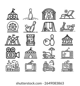 A collection of 16 black and white line art icons representing various entertainment and leisure activities, including amusement park rides, sports, and media.