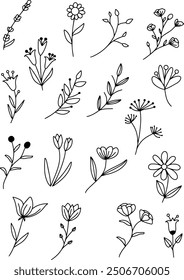 Collection of 16 black and white minimalist floral outline stickers, featuring a variety of simple, elegant flower and leaf designs. These flowers are perfect for adding a touch of nature