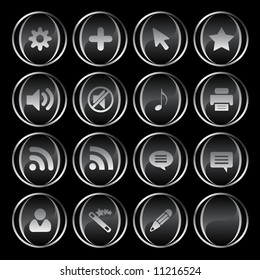 Collection of 16 black/gray buttons part 4:cog, plus, cursor, star, sound on, sound off, note, printer, rss, cloud, user, wizard, pen, blank. Find more in my portfolio.