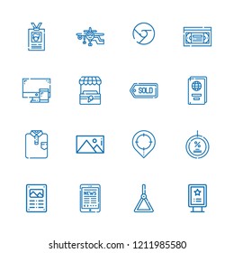 Collection of 16 blank outline icons include icons such as poster, billboard, passport, chrome logo, computer, id card, holder, picture, stand, placeholder, tag, discount, vhs