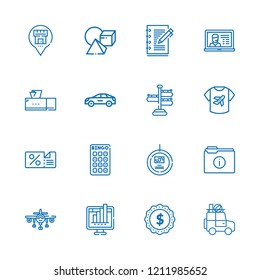 Collection Of 16 Blank Outline Icons Include Icons Such As Bingo, Discount, Folder, Laptop, Car, Computer, Shirt, Tissue Box, Signpost, Cubes, Tag, Label, Notebook, Airplane