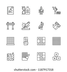 Collection of 16 block outline icons include icons such as barrier, abc, wooden, chocolate, wood, toy, tic tac toe, floor