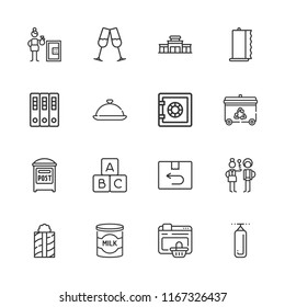 Collection of 16 box outline icons include icons such as post, return, supermarket, check in, tray, safety box, towel, blocks, archives, safebox, present, stemware