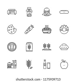 Collection of 16 bread outline icons include icons such as breakfast, beverage, burger, crepe maker, cookies, cookie, wheat, donut, bread, baguettes, pie