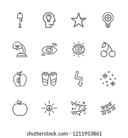 Collection of 16 bright outline icons include icons such as lamp, eye, sun, idea, garlands, flash, cherry, apple, stars, star