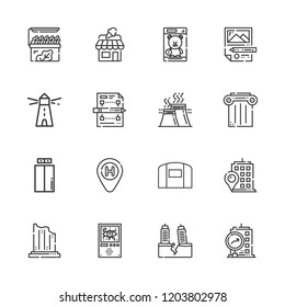 Collection of 16 building outline icons include icons such as hotel, lift, lighthouse, planning, shop, toy, store, industry, earthquake, hangar, column, domotics
