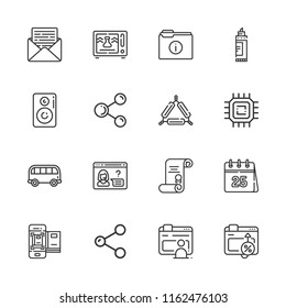 Collection of 16 button outline icons include icons such as browser, email, folder, microwave, triangle, share, cpu, speaker, conversion, bus, smartphone, calendar, marker