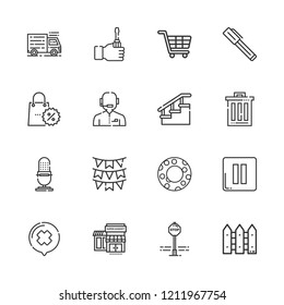 Collection of 16 button outline icons include icons such as pen, screwdriver, shopping cart, flags, fence, trash, microphone, pause, stairs, truck, news reporter, promotions