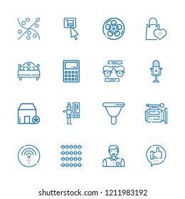 Collection of 16 button outline icons include icons such as tap, microphone, house, filter, calculator, bed, thermostat, like, film, video camera, wifi, man, supermarkets