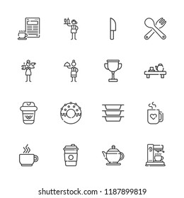 Collection of 16 cafe outline icons include icons such as barista, waitress, coffee cup, cup, fork, plates, knife, mug, coffee, donut, tea, coffee maker