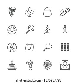 Collection of 16 cake outline icons include icons such as pastry chef, birthday boy, birthday cake piece, birthday card, candle, candles, karaoke, snack, candy, lollipop