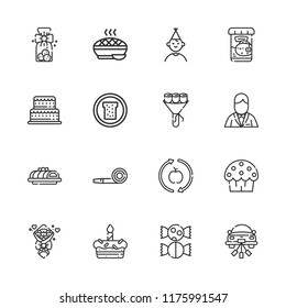 Collection of 16 cake outline icons include icons such as birthday boy, cake, party blower, healthy food, cookies, wedding car, cup cake, sweet, bouquet, groom, bread, pie