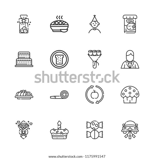 Collection of 16 cake outline\
icons include icons such as birthday boy, cake, party blower,\
healthy food, cookies, wedding car, cup cake, sweet, bouquet,\
groom, bread, pie
