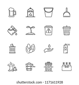 Collection of 16 can outline icons include icons such as drop, recycle bin, bucket, dustpan, waste, garbage, paint spray, beer, trash, seeds