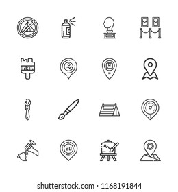 Collection of 16 canvas outline icons include icons such as paint brush, placeholder, tent, easel, sculpture, brush, painting