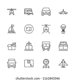 Collection of 16 cargo outline icons include icons such as package, delivery, helicopter, distribution, airplane, boat, lorry, station wagon, van, plane