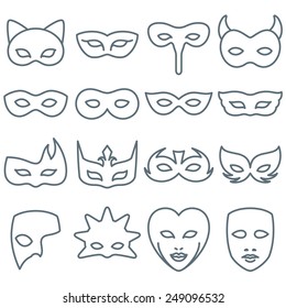 Collection of 16 Carnival and Costume Mask Line Icons