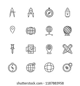 Collection of 16 cartography outline icons include icons such as compass, world, pin, earth grid, earth globe, global, marker