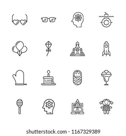 Collection of 16 cartoon outline icons include icons such as rocket launch, thinking, mitten, doll, kite, rattle, balloons, birthday cake piece, glasses, ice cream, rocket