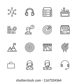 Collection of 16 center outline icons include icons such as store, target, headphones, operator, receptionist, server, goal, headset, recycling center, dart board