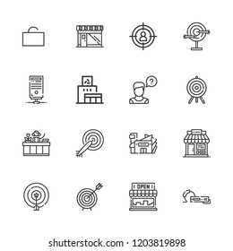 Collection of 16 center outline icons include icons such as darts, operator, target, recycling center, aim, shop, store, mall, receptionist, server, earphone