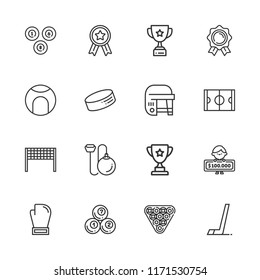 Collection of 16 champion outline icons include icons such as winner, billiard, medal, trophy, boxing, hammer throwing, hockey, hockey box, puck, tennis