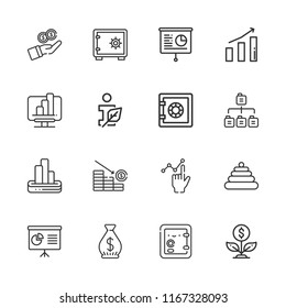 Collection of 16 chart outline icons include icons such as presentation, safebox, money, information ecology, pyramid, stats, analytics, bar chart, sitemap, growth, line chart