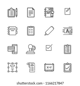 Collection of 16 check outline icons include icons such as agenda, stamp, list, clipboard, file, reporting, payment method, check square, new file, highlighter