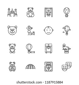 Collection of 16 cheerful outline icons include icons such as playground, baby boy, teddy bear, theater masks, ice cream machine, girl, bear, hot air balloon, korean