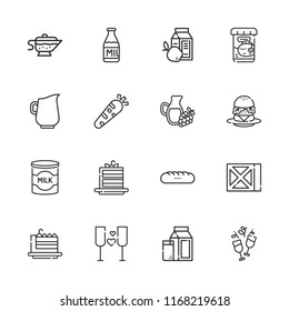 Collection of 16 cheese outline icons include icons such as jug, milk, wine, burger, cake slice, breakfast, baguettes, sauce, healthy food