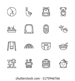 Collection of 16 child outline icons include icons such as playground, backpack, baby, breastfeeding, diaper, baby food, teddy bear, footprint, swing, toy, duck, school bus