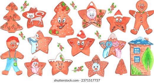 Collection of 16 Christmas cookie elements. Drawn with watercolors. You can create patterns and cards yourself