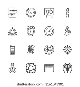 Collection of 16 circle outline icons include icons such as dices, alarm clock, triangle, formula, aim, planet earth, clock, update, volleyball net, lifesaver, dollar coins