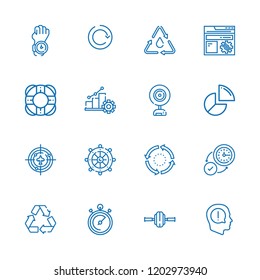 Collection of 16 circle outline icons include icons such as exclamation, stopwatch, pie chart, recycling, lifesaver, refresh button, rudder, settings, repeat, progress, webcam